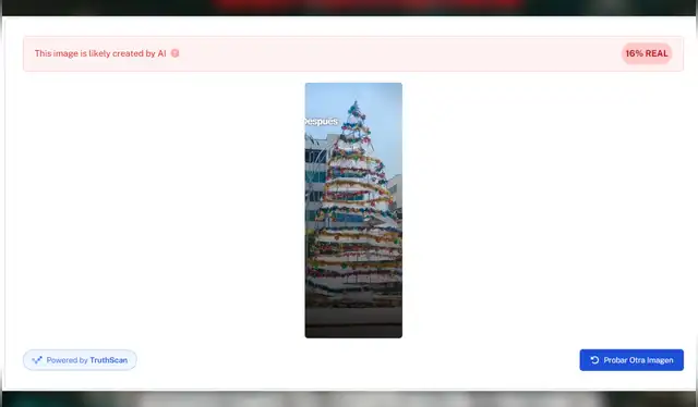 La imagen del árbol de Navidad de Chiclayo, difundida después de ser vandalizado y en la que aparece decorado, fue generada con inteligencia artificial. Fotocaptura: “Undetectable AI” La imagen del árbol de Navidad de Chiclayo, difundida después de ser vandalizado y en la que aparece decorado, fue generada con inteligencia artificial. Fotocaptura: “Undetectable AI”