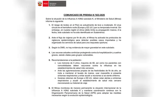 El comunicado apunta que aquellos ciudadanos que vengan del extranjero deben estar alertas ante posibles síntomas. Foto: Minsa   