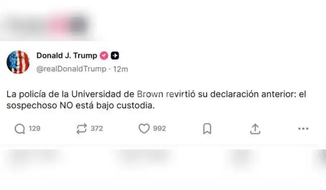Trump se rectifica sobre la información acerca del sospecho mediante Truth Social. Trump se rectifica sobre la información acerca del sospecho mediante Truth Social.