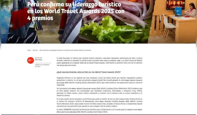 Perú también fue reconocido como el mejor destino culinario del mundo y el mejor destino cultural del mundo. Foto: Perú Travel Perú también fue reconocido como el mejor destino culinario del mundo y el mejor destino cultural del mundo. Foto: Perú Travel