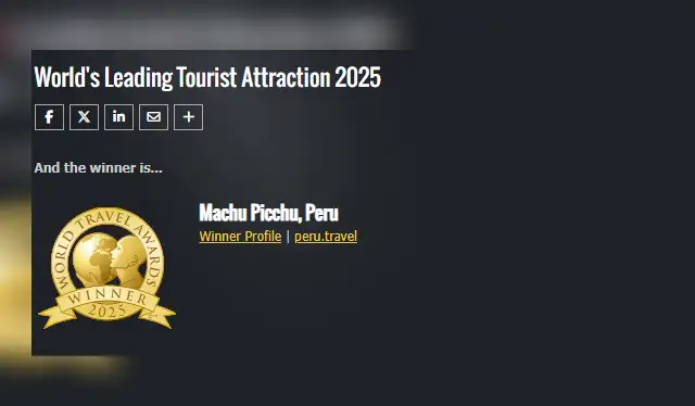 Machu Picchu se corona como el mejor destino turístico por los premios World Travel Awards. Foto: World Travel Awards Machu Picchu se corona como el mejor destino turístico por los premios World Travel Awards. Foto: World Travel Awards