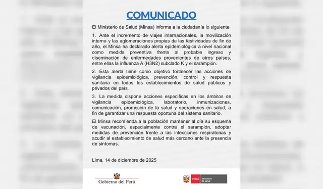 Comunicado del Minsa del 14 de diciembre de 2025. Fuente: Difusión Comunicado del Minsa del 14 de diciembre de 2025. Fuente: Difusión
