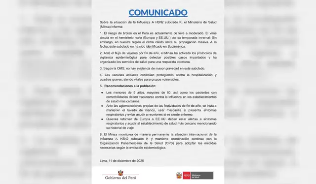Comunicado del Minsa del 11 de diciembre. Fuente: Difusión. Comunicado del Minsa del 11 de diciembre. Fuente: Difusión.