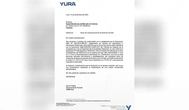 Yura, a través de un comunicado, mostró su disconformidad con la sanción. Foto: Cortesía Yura, a través de un comunicado, mostró su disconformidad con la sanción. Foto: Cortesía
