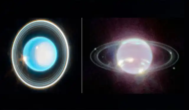 Imágenes capturadas de Urano (izquierda) y Neptuno (derecha) tomadas por el Telescopio Espacial James Webb. Foto: NASA/STSCI Imágenes capturadas de Urano (izquierda) y Neptuno (derecha) tomadas por el Telescopio Espacial James Webb. Foto: NASA/STSCI