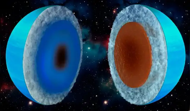 El interior de Urano podría ser más gélido (izquierda) o más rocoso (derecha). Foto: Instituto Keck de Estudios Espaciales El interior de Urano podría ser más gélido (izquierda) o más rocoso (derecha). Foto: Instituto Keck de Estudios Espaciales