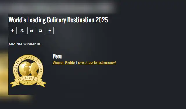  El anuncio de la WTA sobre Perú como mejor destino culinario del mundo. Foto: World Travel Awards   