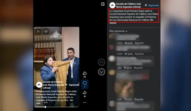 Publicación del 13 de julio de 2023 que registra la visita de Susel Paredes a la institución. Fotocaptura: Facebook - Escuela de Folcklore José María Arguedas Publicación del 13 de julio de 2023 que registra la visita de Susel Paredes a la institución. Fotocaptura: Facebook - Escuela de Folcklore José María Arguedas