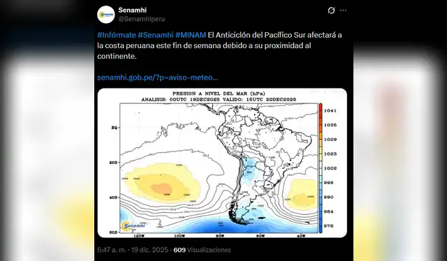  Advertencia de Senamhi ante llegada de Anticiclón del Pacífico Sur. Foto: X de Senamhi   