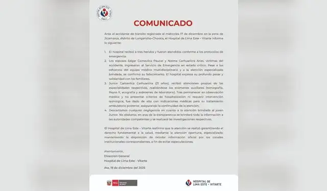 Pronunciamiento del Hospital de Lima Este-Vitarte. Foto: Minsa Pronunciamiento del Hospital de Lima Este-Vitarte. Foto: Minsa