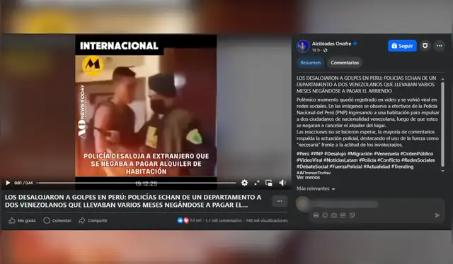 Video falso que asegura que imágenes de desalojo de dos venezolanos ocurrió en 2025. Fuente: Facebook.   