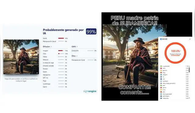 <em> Resultados de los programas de edición Sight Engine (izquierda) y Hive Moderation (derecha). Foto: capturas de pantalla</em> <em> Resultados de los programas de edición Sight Engine (izquierda) y Hive Moderation (derecha). Foto: capturas de pantalla</em>