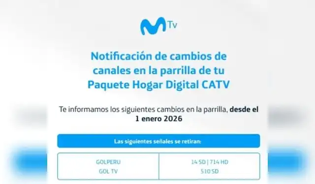  El mensaje de Movistar TV en el que se anuncia el retiro de GOLPERU y GOLTV. Foto: Movistar TV   
