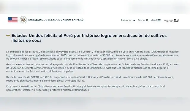 Estados Unidos elogió trabajo del Perú en erradicación de coca ilícita. Foto: Embajada de los Estados Unidos. Estados Unidos elogió trabajo del Perú en erradicación de coca ilícita. Foto: Embajada de los Estados Unidos.