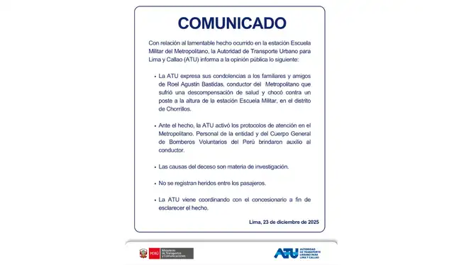  Comunicado de la ATU. Foto: X de ATU   