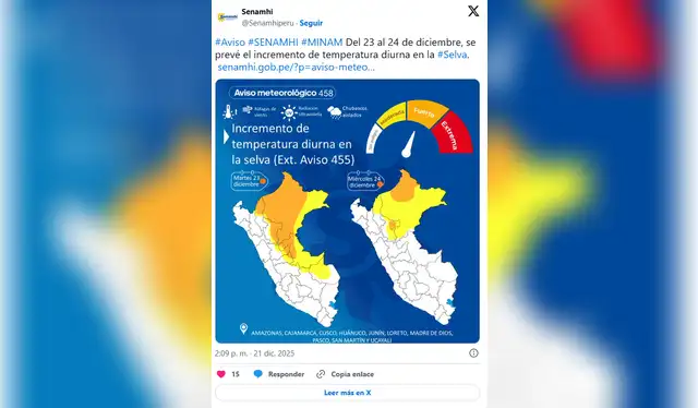  Senamhi advierte incremento de temperatura en la selva. Foto: X de Senamhi   
