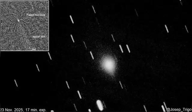  El cometa 3I/ATLAS parece tener chorros espirales que se disparan desde su superficie, interpretado como un tipo de criovulcanismo. Foto: Josep Trigo   
