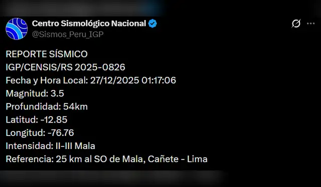   Sismo de magnitud 3,5 sacude Lima. Foto: IGP     