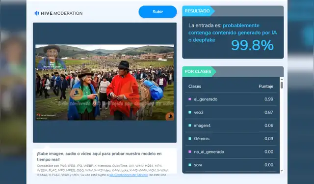  Hive-Moderation determino que hay una probabilidad del 99.8% de que la imagen fuera generada por IA. Fotocaptura: Hive-Moderation    