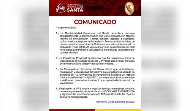  Comunicado de Municipalidad Provincial del Santa. Foto: Facebook   