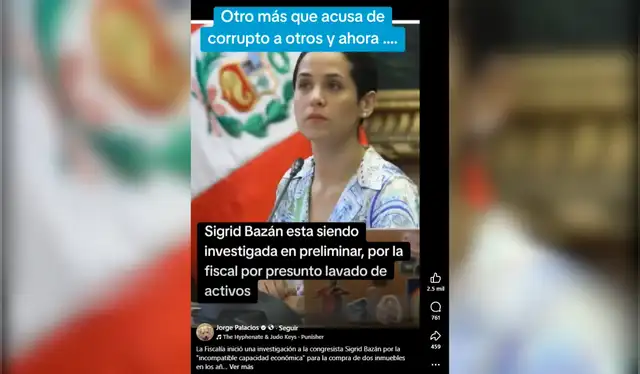 Publicación falsa afirma que se comenzó una investigación preliminar por presunto lavado de activos en contra de Sigrid Bazán. Fotocaptura: Facebook. Publicación falsa afirma que se comenzó una investigación preliminar por presunto lavado de activos en contra de Sigrid Bazán. Fotocaptura: Facebook.