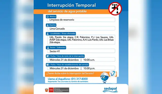 Corte de agua para este miércoles 31 de diciembre. Foto: Sedapal    