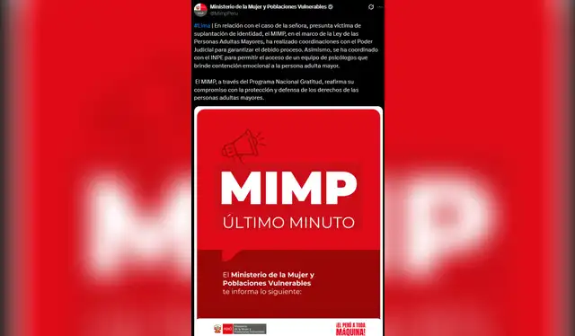 Comunicado del Ministerio de la Mujer y Poblaciones Vulnerables por caso de adulta mayor. Foto: X de MIMP Comunicado del Ministerio de la Mujer y Poblaciones Vulnerables por caso de adulta mayor. Foto: X de MIMP