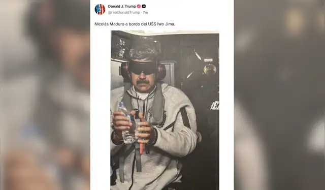 Foto de Nicolás Maduro tras su captura, difundida por el presidente de Estados Unidos. Fuente: Truth Social - Donald Trump.   