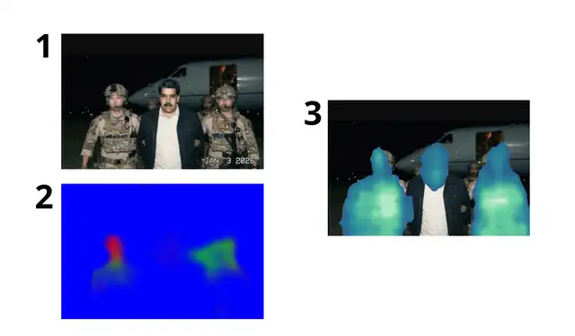 (1) Imagen que motivo esta verificación/ (2) INVID detecto indicios de clonación en la imagen/ (3)INVID determino la existencia de rastros que en la imagen hay rastros que provienen de otros fotogramas. Fuente: Fast Check.   