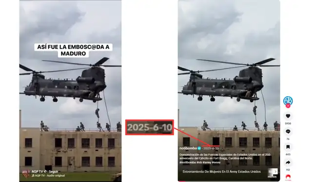 Video que se le atribuye falsamente a la captura de Nicolás Maduro/ Video de la demostración de las Fuerzas Especiales de Estados Unidos difundido por el medio Notibomba. Fuente: Facebook/ TikTok. Video que se le atribuye falsamente a la captura de Nicolás Maduro/ Video de la demostración de las Fuerzas Especiales de Estados Unidos difundido por el medio Notibomba. Fuente: Facebook/ TikTok.