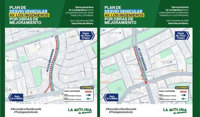 La Molina estableció puntos de desvío para culminar con la renovación de la av. Los Ingenieros en marzo. Foto: Gob.pe/Composición LR La Molina estableció puntos de desvío para culminar con la renovación de la av. Los Ingenieros en marzo. Foto: Gob.pe/Composición LR