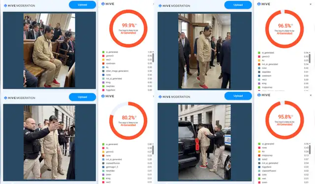 Análisis de las fotografías con Hive Moderation. | Foto: Hive Moderation Análisis de las fotografías con Hive Moderation. | Foto: Hive Moderation