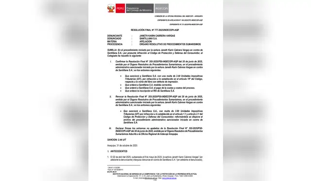  La resolución final de la Indecopi. Foto: Indecopi   