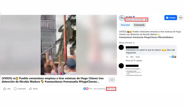 Video viral de la destrucción de la estatua de Hugo Chávez, aparentemente en enero del 2026. | Captura: Redes sociales   