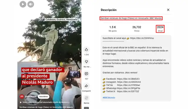 Video del derrumbe de la estatua de Hugo Chávez data del 2024, acorde a la BBC. | Captura: BBC   