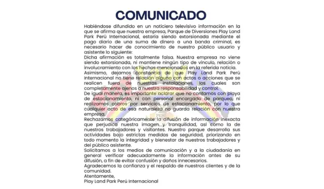  Empresa se pronuncia ante caso de extorsión. Foto: Play Land Park    