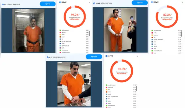 Análisis de las fotografías con Hive Moderation. | Foto: Hive Moderation Análisis de las fotografías con Hive Moderation. | Foto: Hive Moderation