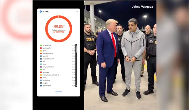 Hive-Moderation determinó que el material presentaba un 99.5% de probabilidad de haber sido creado con IA | Fuente: Hive-Moderation   