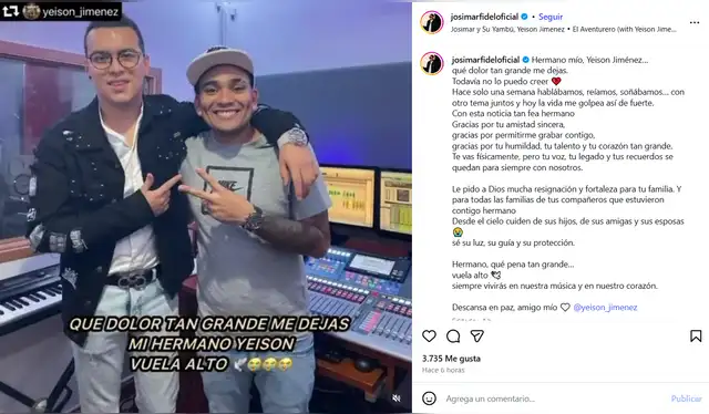 Mensaje de Josimar por la muerte del cantante colombiano Yeison Jiménez. Foto: Instagram.   