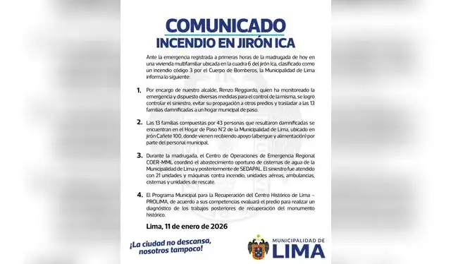 Tras el incendio, la comuna emitió un comunicado oficial. Foto: MML.   