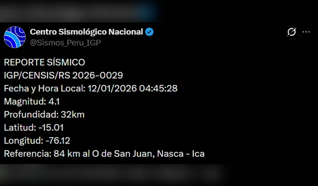Sismo de magnitud 4,1 sacude Ica. Foto: IGP Sismo de magnitud 4,1 sacude Ica. Foto: IGP