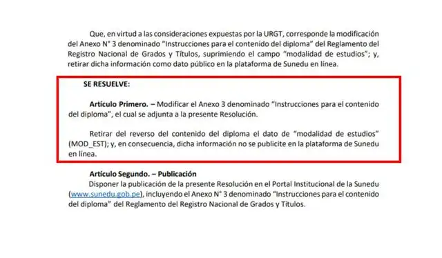  Sunedu publicó la Resolución Directoral n.° 00001-2026-SUNEDU-DS-DIRGRATU que oficializó el cambio en las diplomas. Foto: Sunedu   