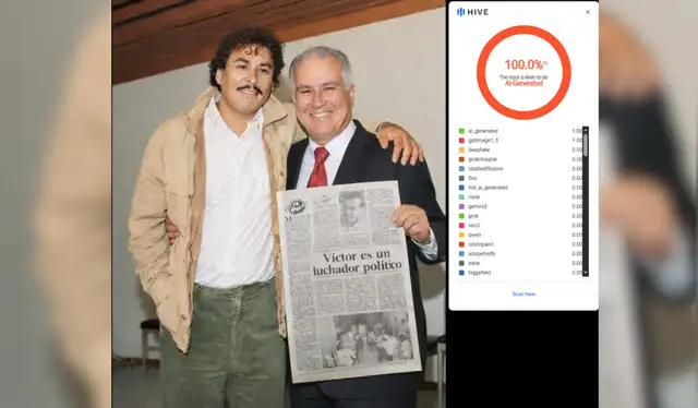  Hive-Moderation determinó que el material presentaba un 100% de probabilidad de haber sido creado con IA. Fuente: Hive-Moderation.   