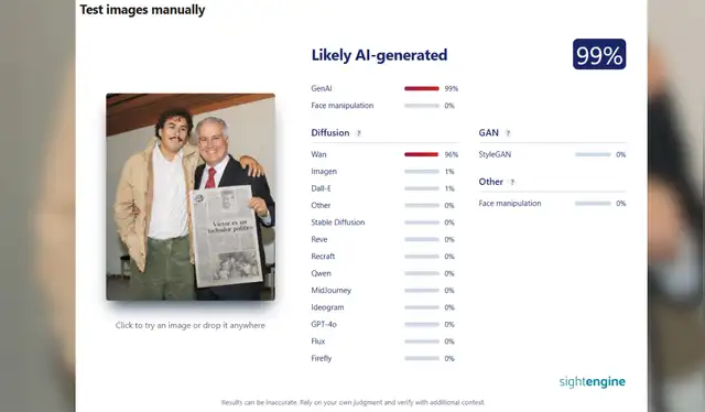  SightEngine determinó que la imagen fue generada con IA con un 99% de certeza. |Fuente: SightEngine.   