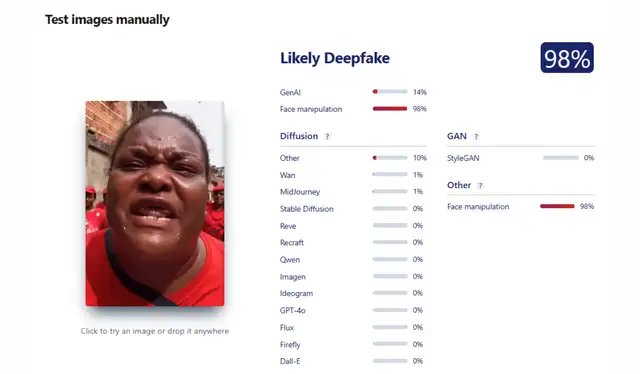 Análisis del segundo video con Sightengine. | Foto: Sightengine   