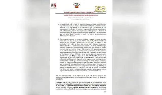 Parte de la resolución que dispone el archivo del proceso a Keiko Fujimori   