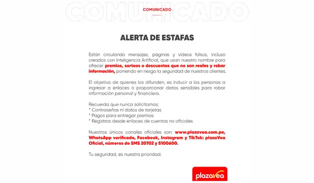 Comunicado oficial emitido por Plaza Vea en redes sociales. | Foto: Plaza Vea   