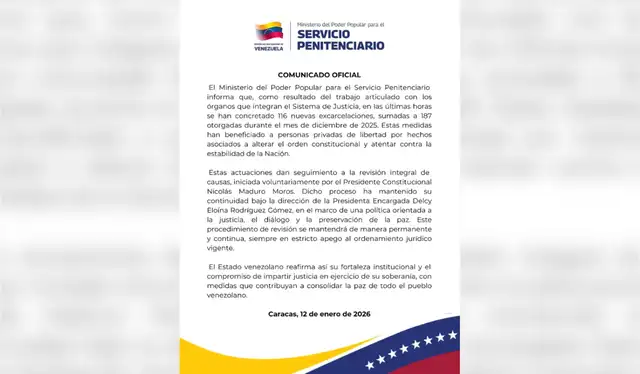 Comunicado en el que el gobierno venezolano anuncia la liberación de 116 presos por "hechos asociados a alterar el orden constitucional y atentar contra la estabilidad de la Nación" | Fuente: Ministerio del Poder Popular para el Servicio Penitenciario de Venezuela.   