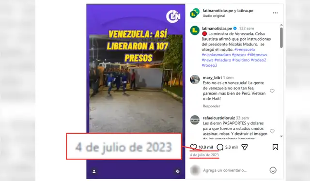 Publicación original de Latina Noticias que informa sobre la liberación de 107 presos en 2023 | Fuente: Instagram - Latina Noticias.   