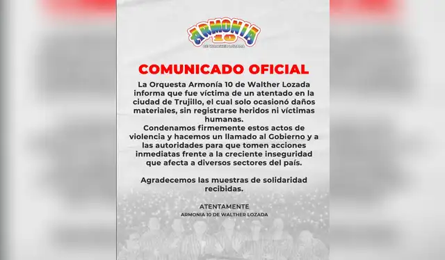 Comunicado de Armonía 10 de Walter Lozada   